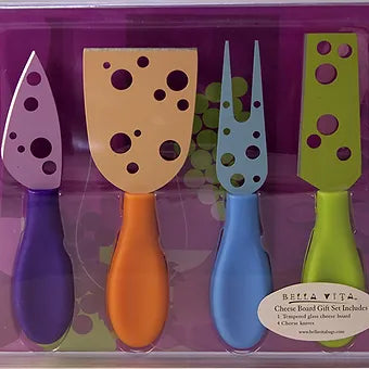 Set of 4 Cheese Knives with Purple Tempered Glass Cutting Board 7.25"
