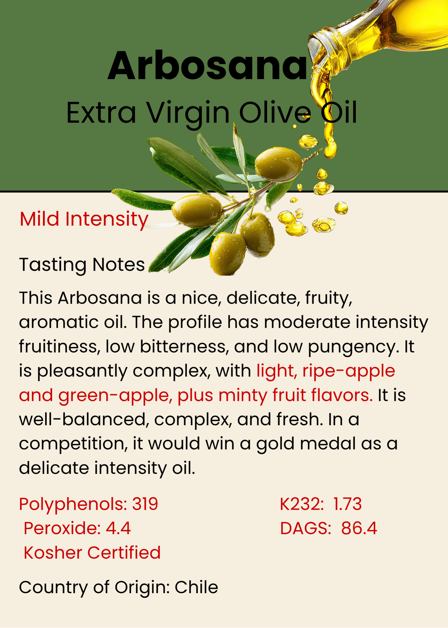 Arbosana Superior Fresh Pressed Extra Virgin Olive Oil
