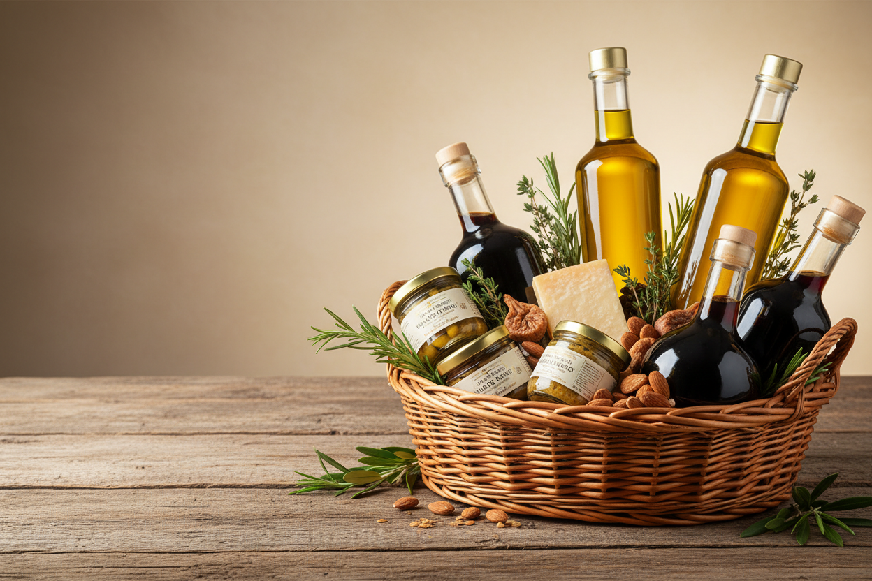 Can you create a image that promotes our Olive Oil and Balsamic Gift baskets 