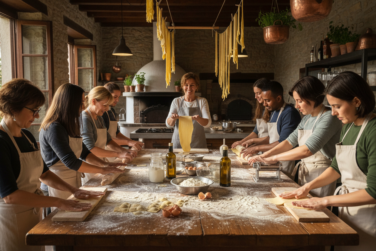 Create an image that has people making pasta at a cooking class