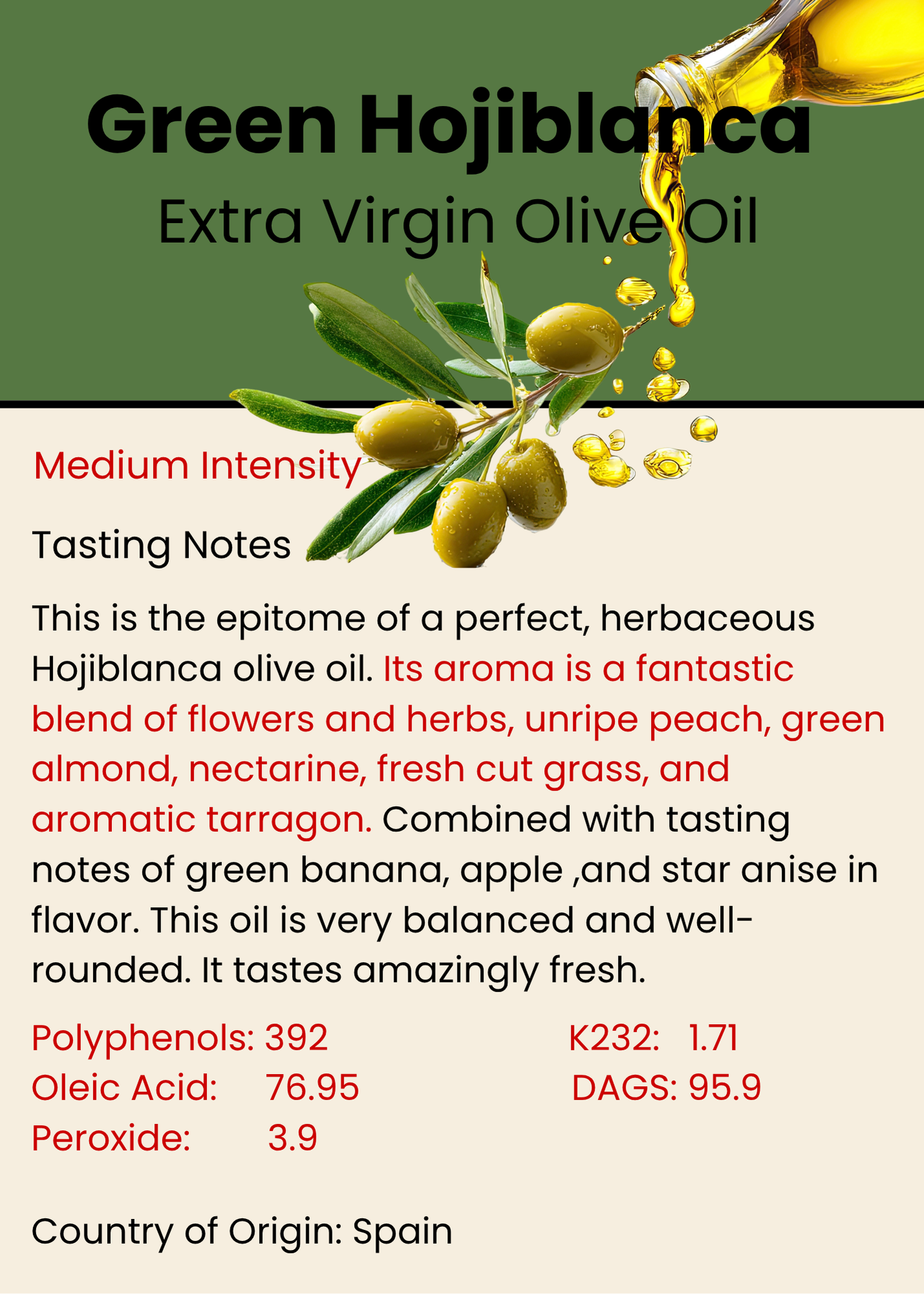 Green Hojiblanca Superior Fresh Pressed Extra Virgin Olive Oil